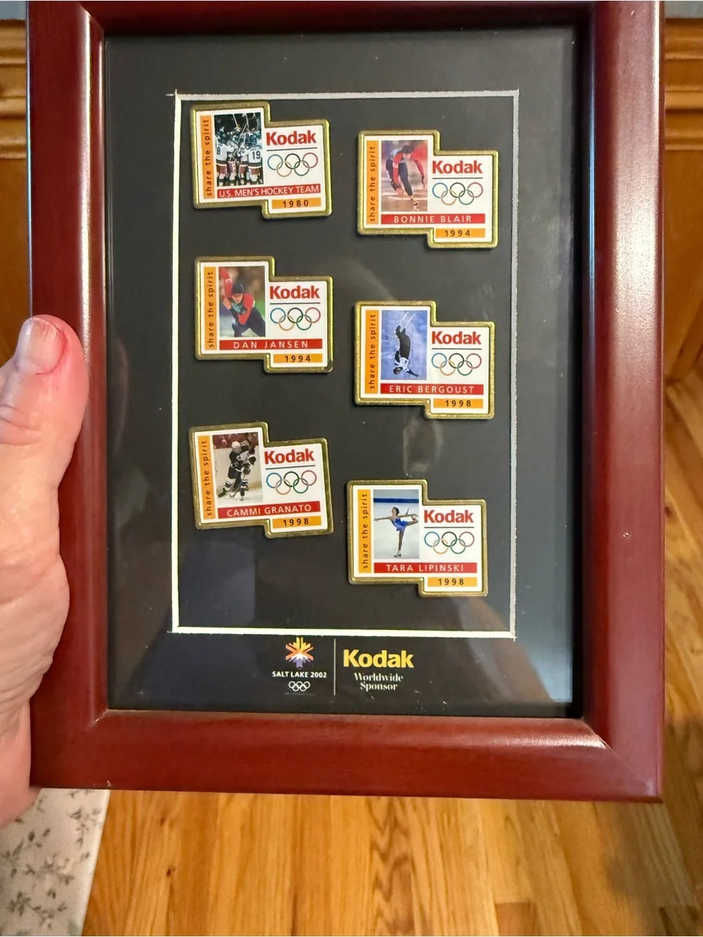 Kodak Winter Olympic Pin Display in Black Mat and Burgundy Frame